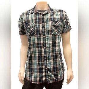 For Him London Button  Up Blue/White/Gray Plaid Size XL